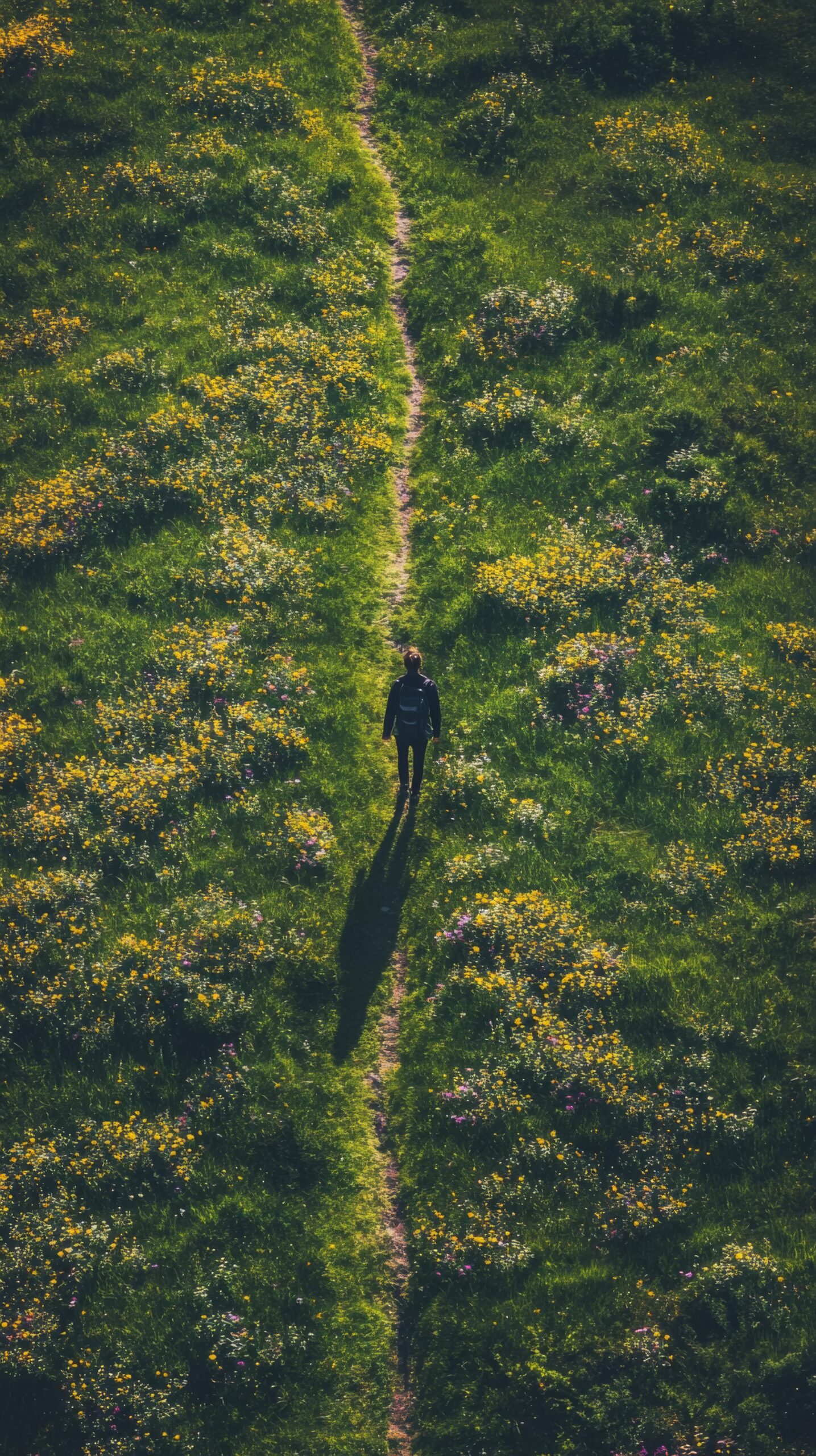 A solitary figure walks along a winding path in a vibrant green landscape. Nature offers peace and connection. Capture this serene moment. Generative AI